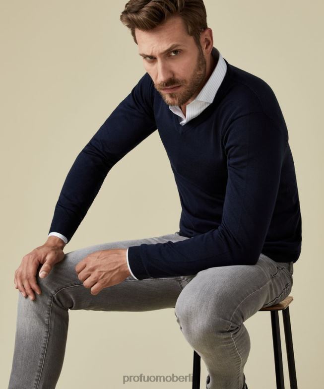 Kleidung de Profuomo Männer Merino-Pullover mit V-Ausschnitt Marine BR442302