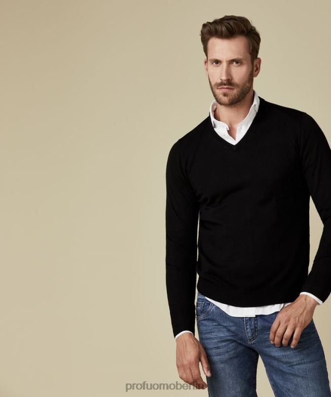 Kleidung de Profuomo Männer Merino-Pullover mit V-Ausschnitt Schwarz BR442303