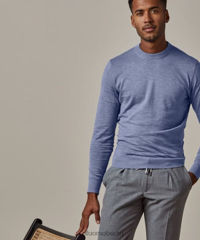 Kleidung de Profuomo Männer Rundhalsausschnitt aus Baumwoll-Leinen Blau BR442292