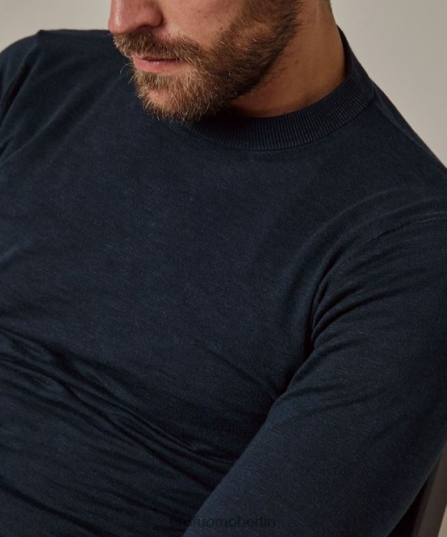 Kleidung de Profuomo Männer Rundhalsausschnitt aus Baumwoll-Leinen Marine BR442310